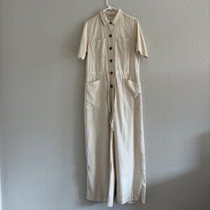 Marine Layer Wide leg Button Up Short Sleeve Jumpsuit Sz L Ivory Utility